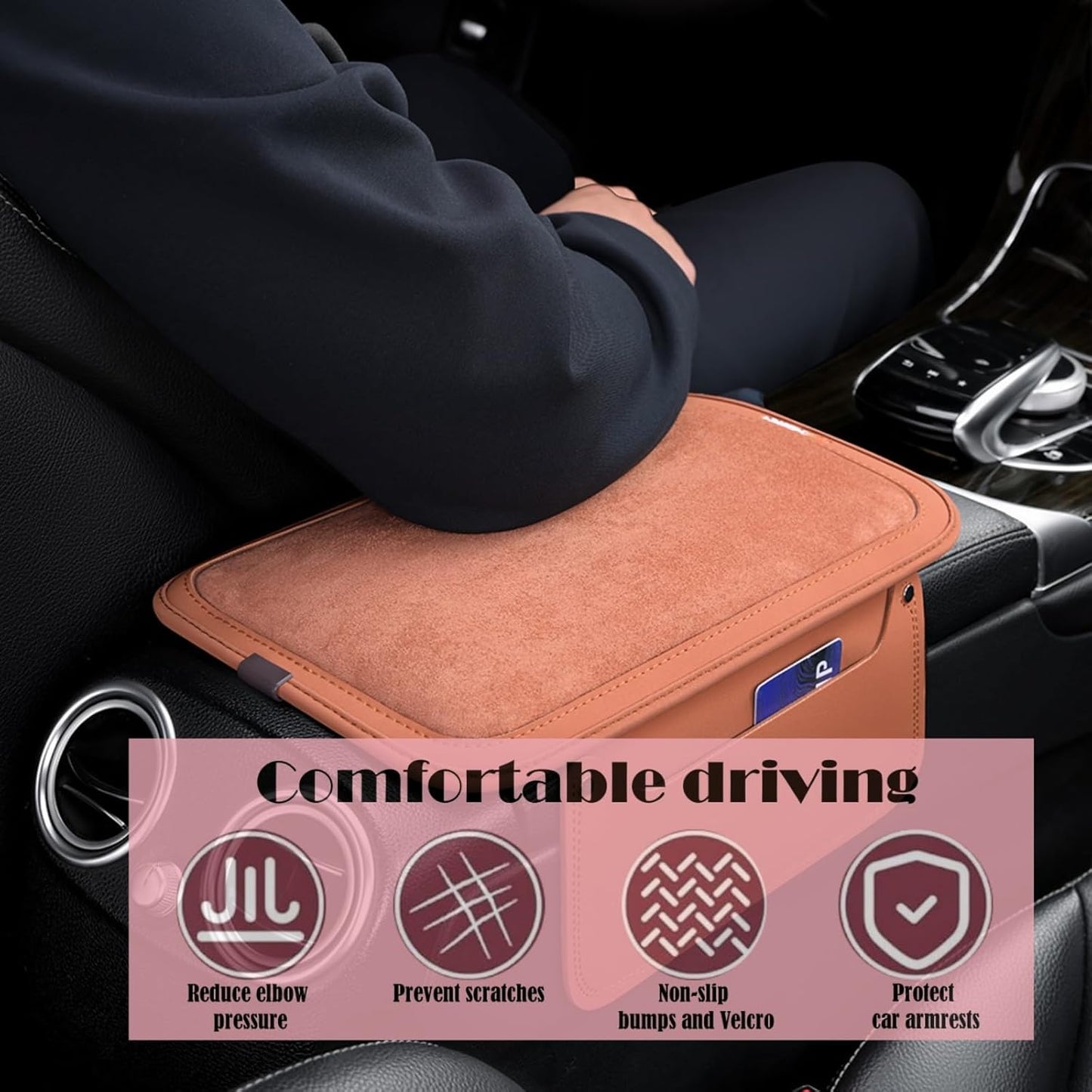 Arm Rest Cover for Car with 2 Storage Bags, Central Console Cover Armrest Pad, Suede Leather, Auto Interior Accessories for Most Vehicles, All-Season Comfort, Red