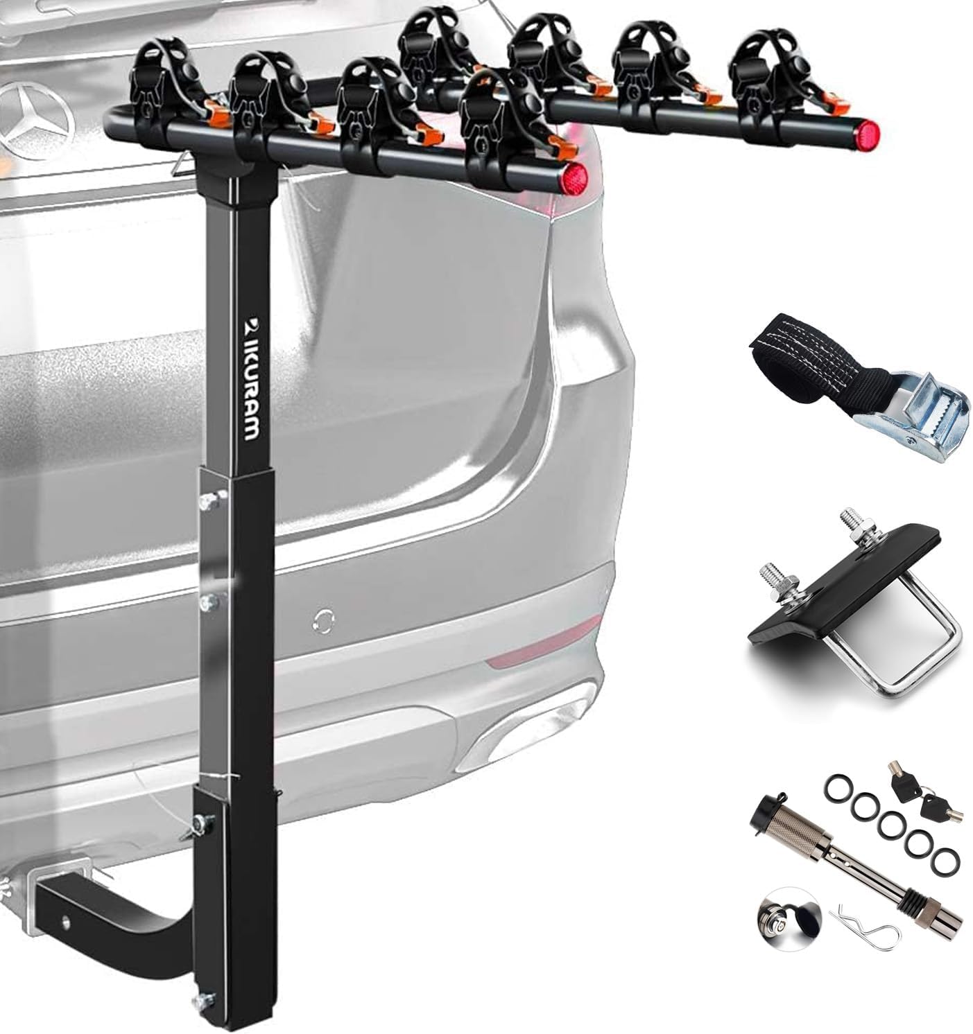 4 Bike Rack Bicycle Carrier Racks Hitch Mount Double Foldable Rack for Cars Truck SUV Fits 2" Receiver, Tie Down Strap, Anti-Rattle Hitch Tightener & Locking Hitch Pin