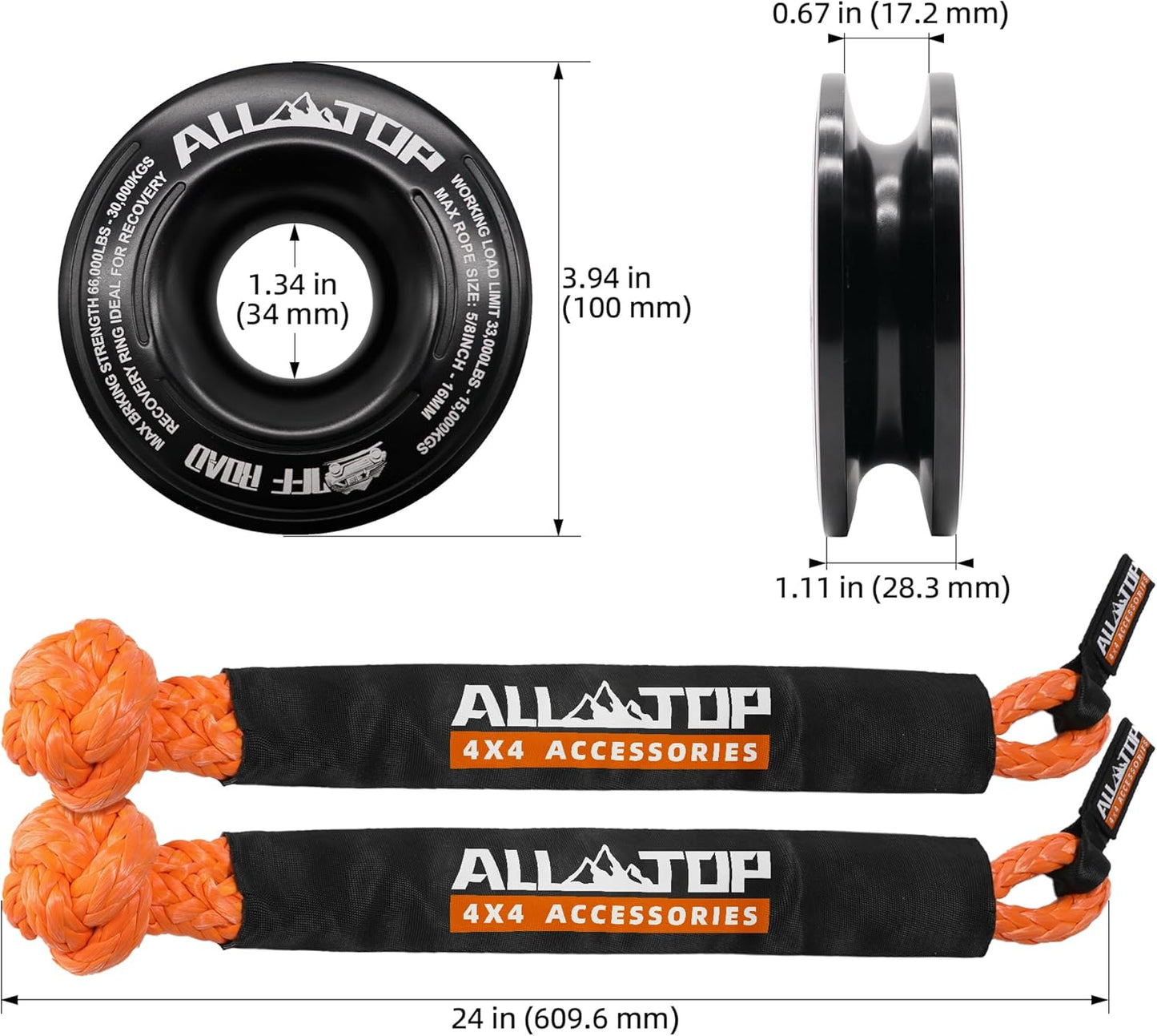 ALL-TOP Synthetic Soft Shackle & Recovery Ring Kit (2PCS 3/4in x 24in - 66200LBS Shackles + 1 Snatch Pulley Ring) for Winch Tackle Pulley System