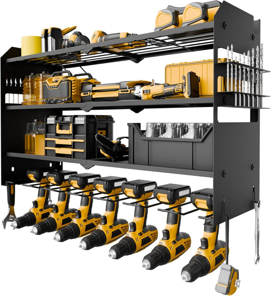 NINAT Heavy Duty 4-Tier Wall Mount Tool Organizer Rack - 7 Drill Holders, 150lb Capacity for Power Tools, Cordless Drills | Garage, Workshop, Shed & Basement Storage Solution