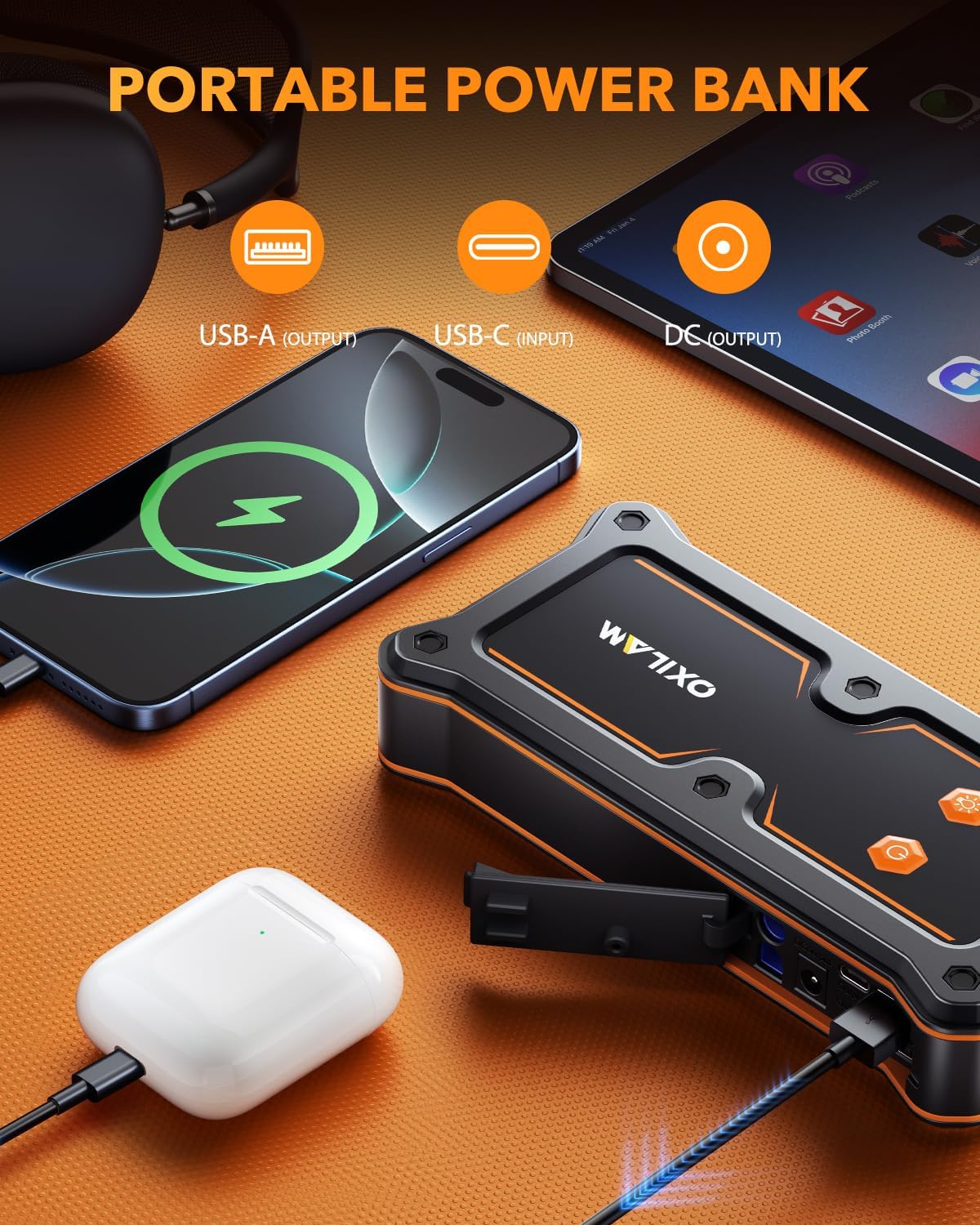 OXILAM 8000A Jump Starter - Car Jumper Starter Portable for All Gas & Diesel Engines, 12V Jump Box for Car Battery with Extended Jumper Cables, USB, DC, Type C Port & LED Light