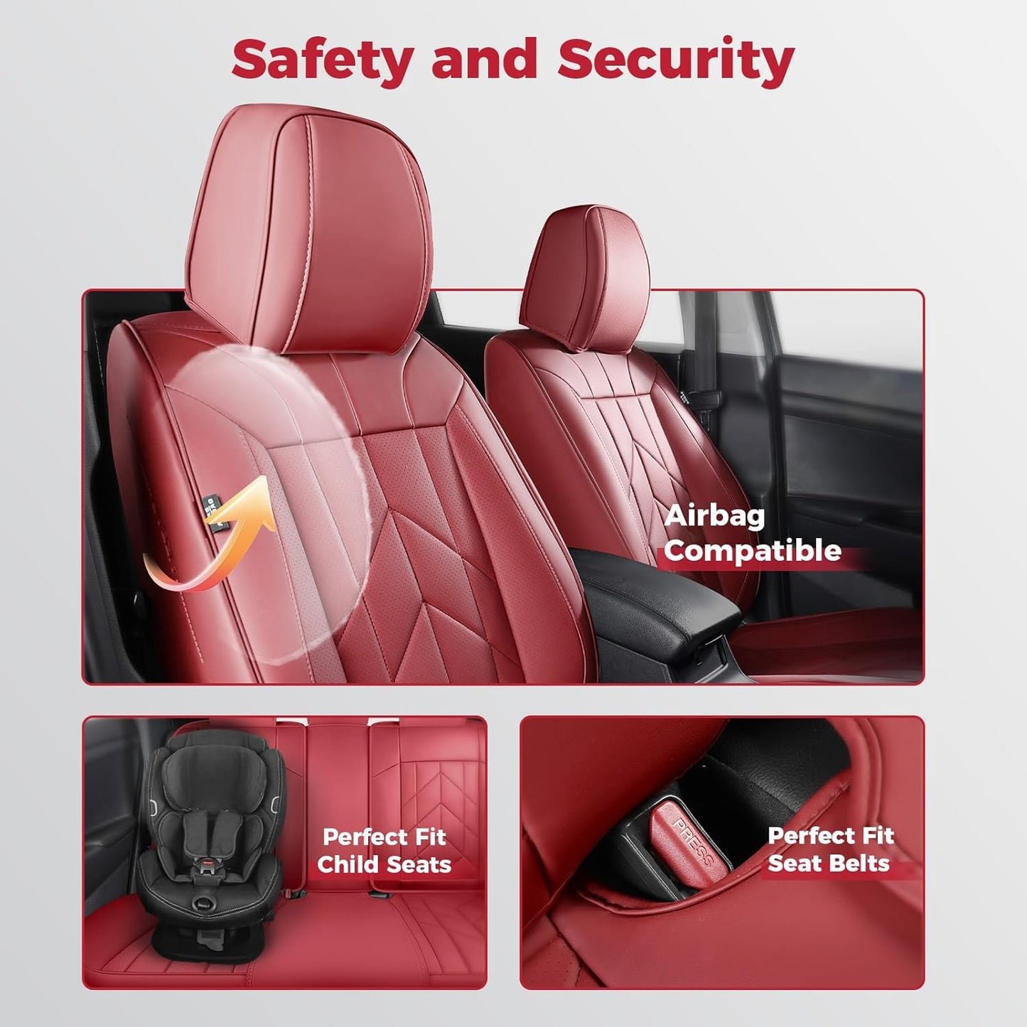 Wine Red Car Seat Covers Full Set - Waterproof Leather Car Seat Protector Universal Fit Colorado Equinox Malibu Blazer Trailblazer Trax