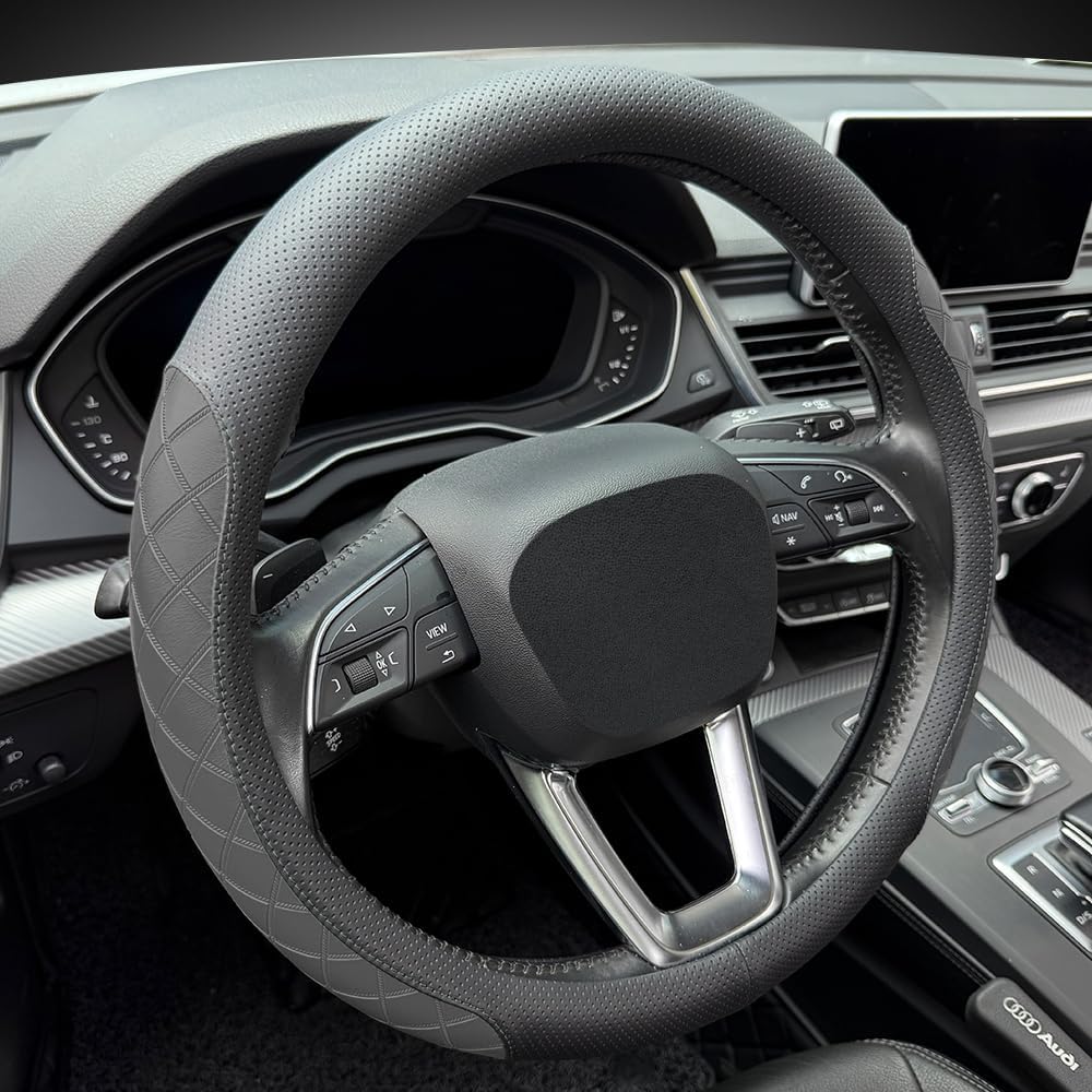 LKWLIKEI Nappa Leather Steering Wheel Cover, Elegant Diamond Checkered Design, Non-Slip wear-Resistant, Enhance Driving Comfort, Suitable for Steering Wheel Diameter 14 1/2‘-15’ Models.Black