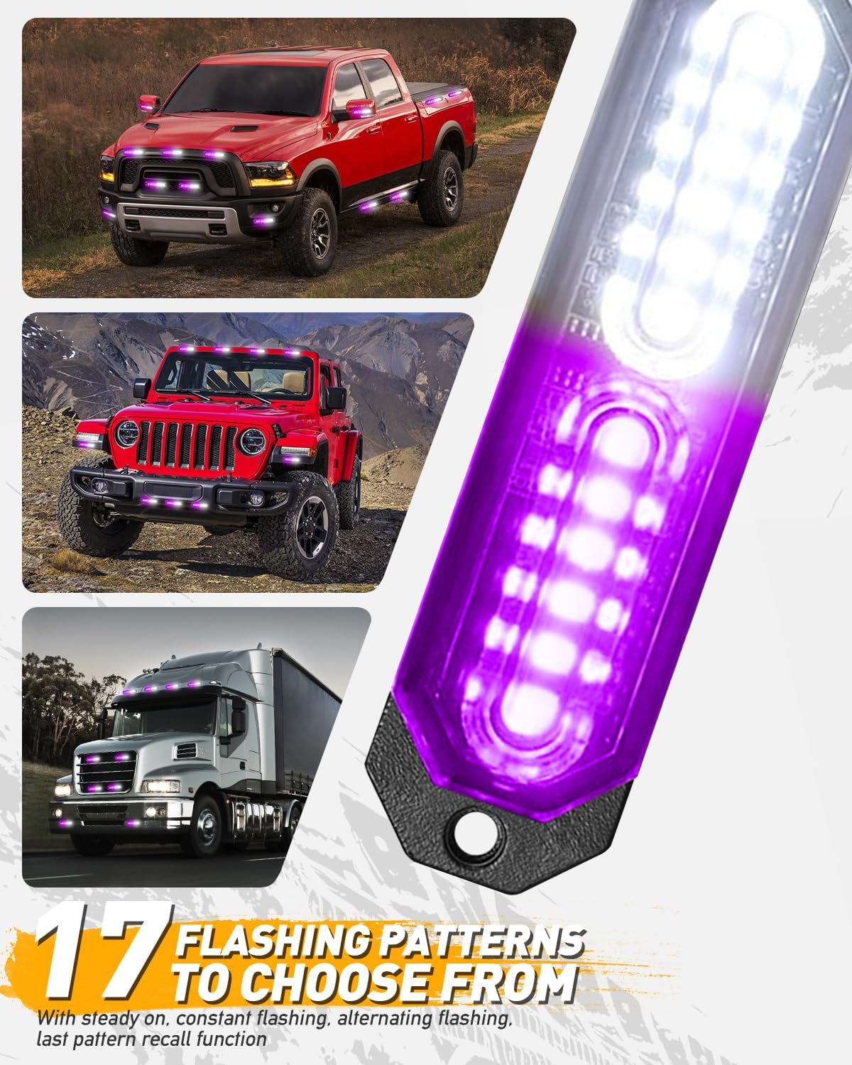 HLauto 1200T Emergency Strobe Grille Lights: 8pcs 12 LED Sync Feature Safety Warning Flashing Light, Ultra Slim Surface Mount Hazard Caution Light for Trucks, Vehicles, Car, ATV, UTV (Purple White)