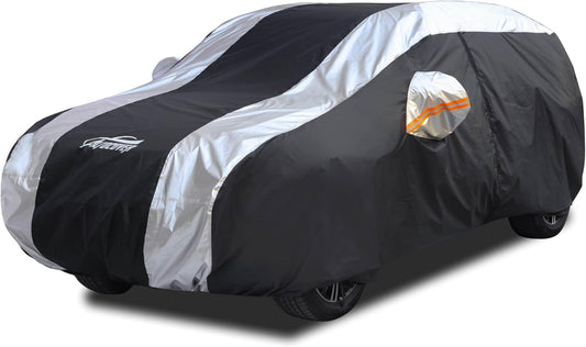 SUV Car Cover Waterproof All Weather Protection with Silver Stripe Design,Universal Fit Toyota RAV4, Honda CRV, Tesla Model Y, Audi Q5, Nissan Rogue, Mazda CX-5, Kia Sorento,Hyundai Sante Fe