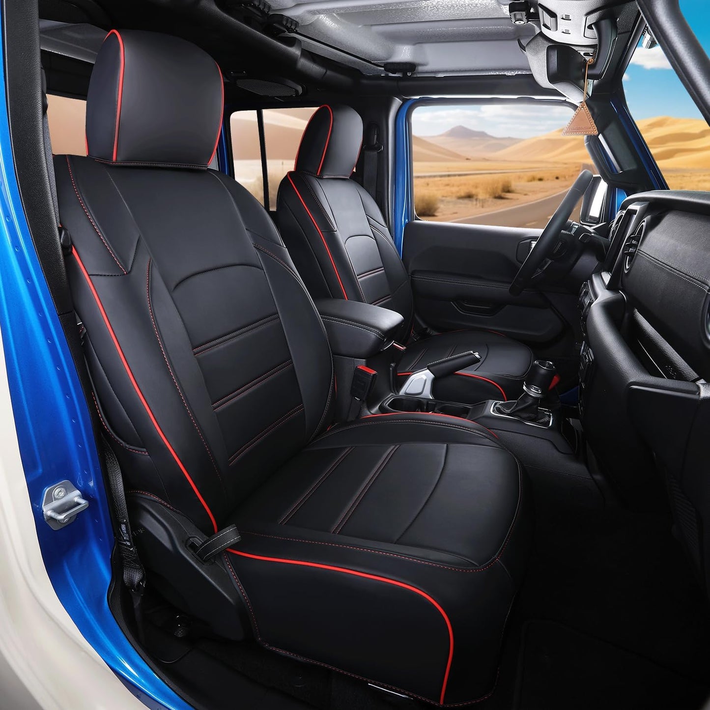 Jeep Gladiator Seat Covers - Premium Quality Faux Leather, Waterproof, Scratch-Resistant, Custom Fit for Jeep Gladiator 2025, 2024, 2023, 2022, 2021, 2020 (Black+Red Line)