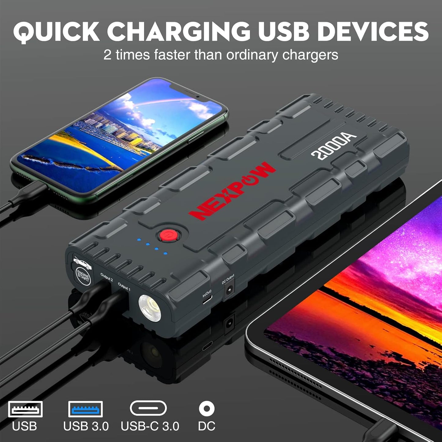 NEXPOW 2000A Peak Car Battery Jump Starter with USB Quick Charge 3.0 (Up to 7.0L Gas or 6.5L Diesel Engine), 12V Portable Battery Starter, Battery Booster with Built-in LED Light