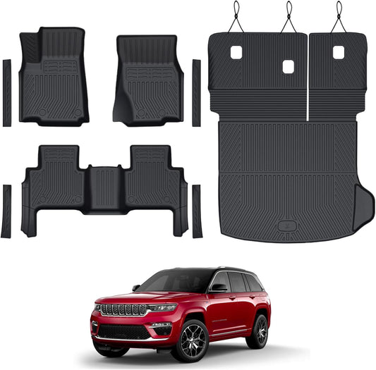 Floor Mats Set for 2022-2025 Jeep Grand Cherokee Accessories, Full Coverage All Weather Floor Mats Cargo Mat with Backrest Protectors & Door Sill Guards (Include 4xe Not for L or WK)