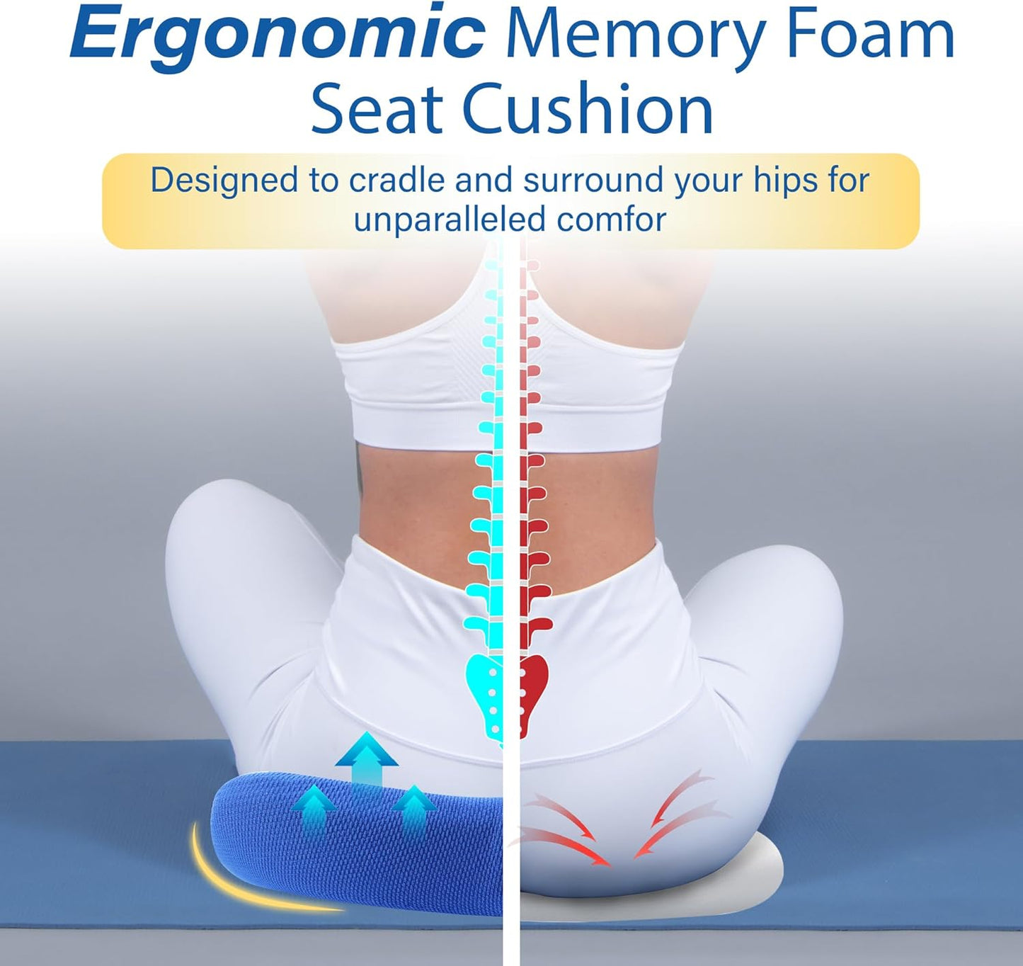 Car Seat Cushion, Ergonomic Memory Foam Car Cushion for Sciatica Pain Relief, Larger Driving Seat Pillow for Short Drivers on Long Drives - Butt Pillow for Truck, Office, Wheelchair - Black&Blue