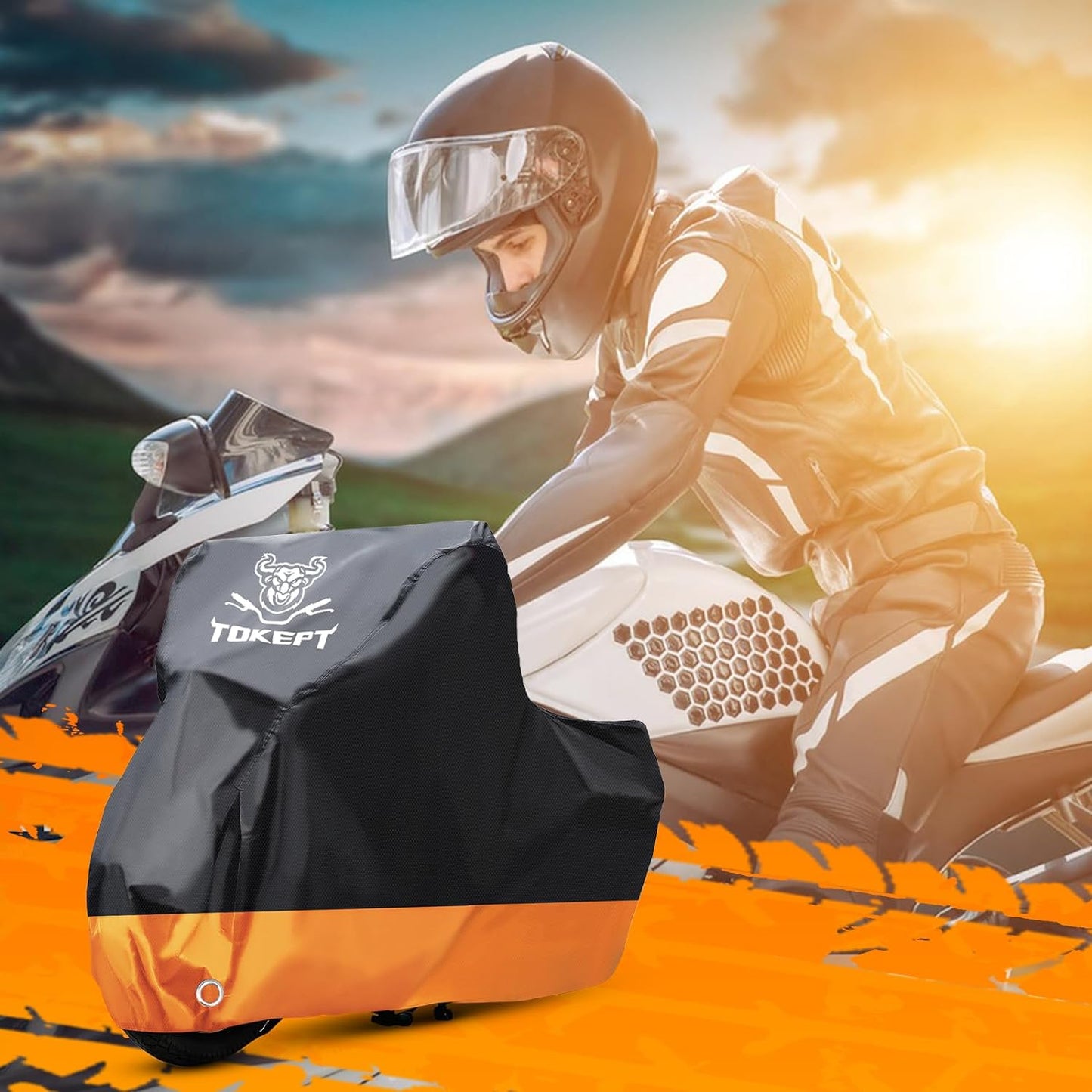 Motorcycle Cover, All-Season Waterproof Outdoor Sun Protection Fit up to 96 Inch Harley-Davidson Honda Suzuki Kawasaki Yamaha (XL Black&Orange)