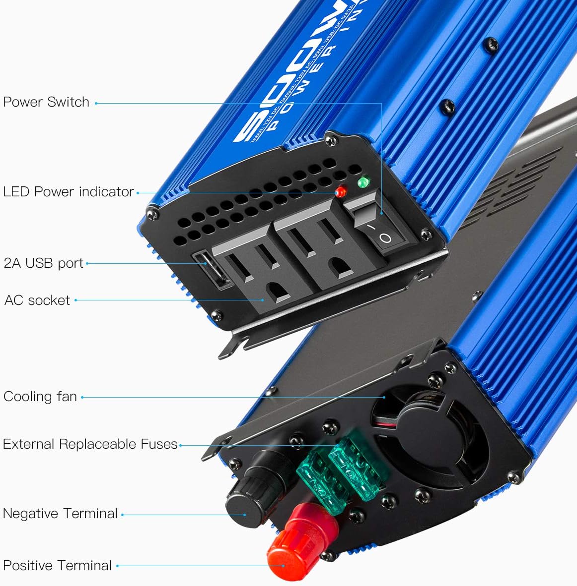 500W Car Power Inverter DC 12V to AC 110V Adapter with 2 AC Outlets and 2A USB Charging Port