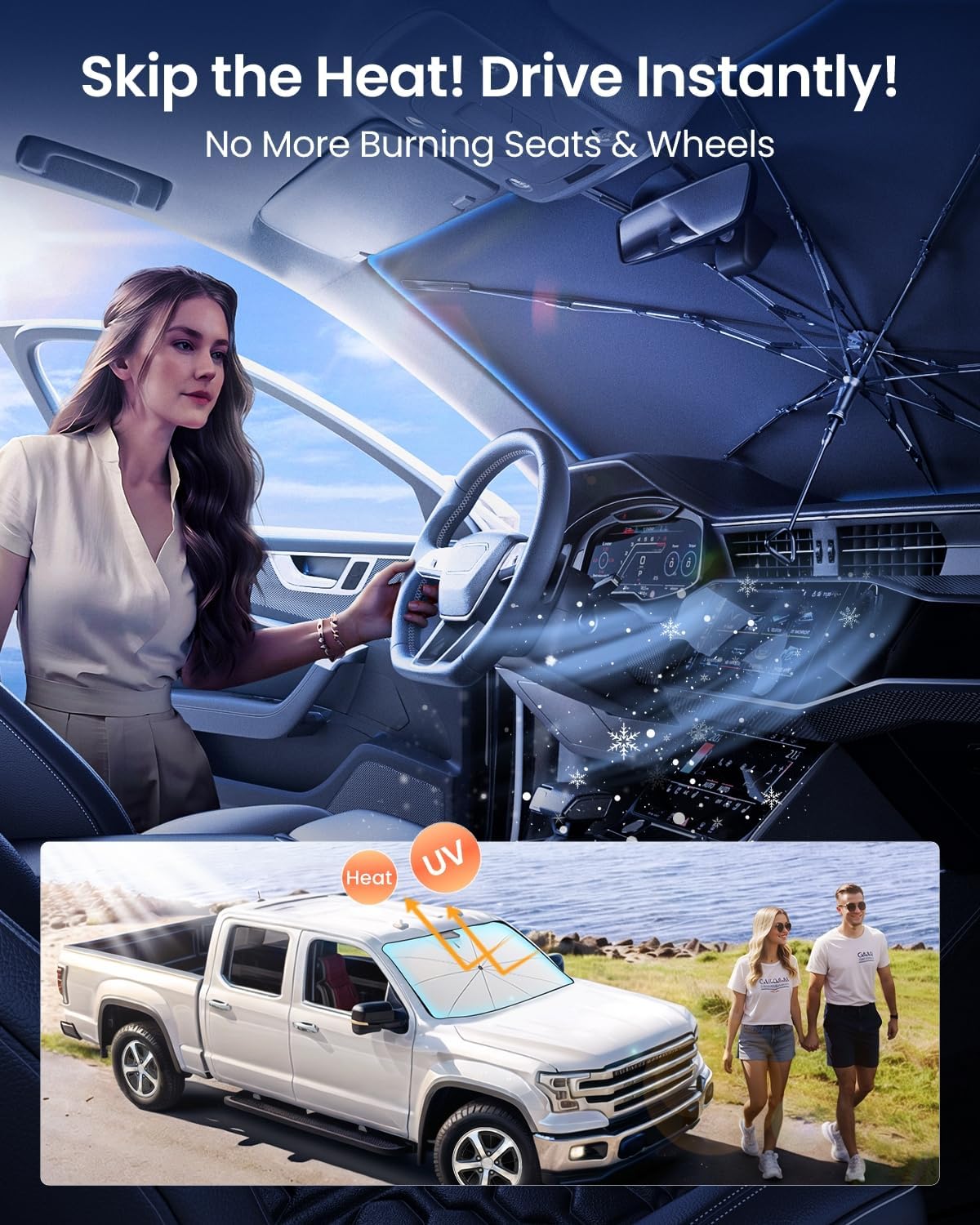 REEVAA 2025 Upgraded Car Windshield Sun Shade Umbrella [100% Sun Protection & Keep Cool] Protect Interior, 360° Flex Handle Sun Shield Sunshade, Large (61 * 33.5 in) for Large Truck