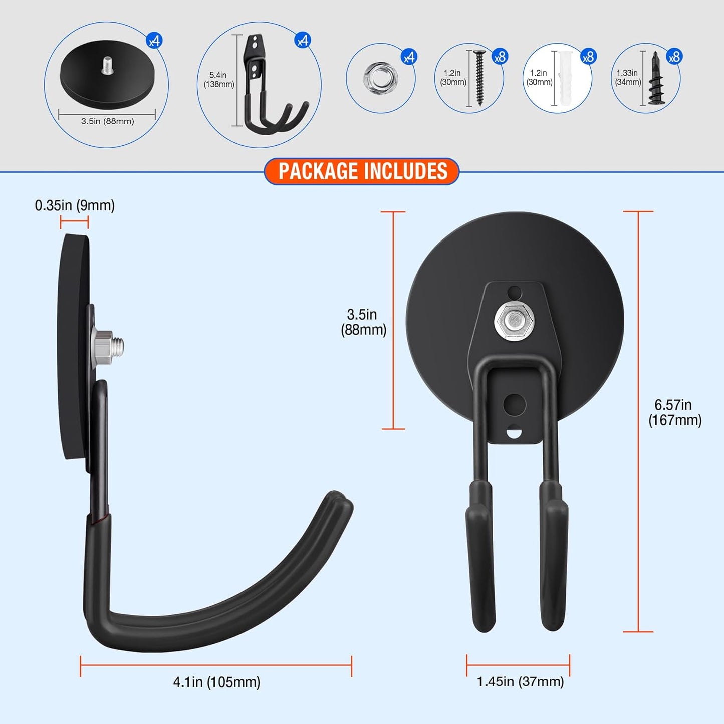 4Pack Large Strong Magnetic Hooks For Hanging Heavy Duty, 3.5in Neodymium Magnet Storage Utility Hooks, Industrial Magnet Hook Steel Long Magnetic Holder Hanger Organizer For Garage Garden Power Tools