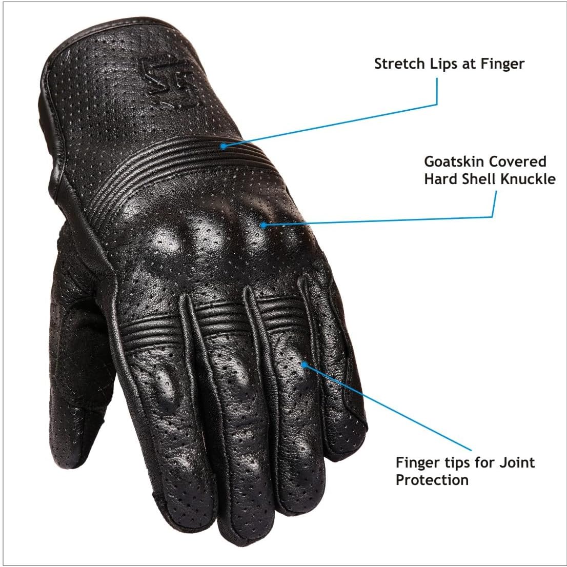 Leather Motorcycle Gloves for Men and Women | Touchscreen | Full Finger | Goatskin Leather Hard Knuckle Motorcycle Riding Gloves (Perforated, Medium)