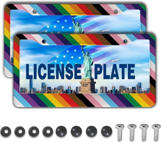License Plate Frames Rainbow Front License Plate Bracket Rainbow Pride Flag Universal Aluminum Car Accessory 2 Pack with Screw Covers Set