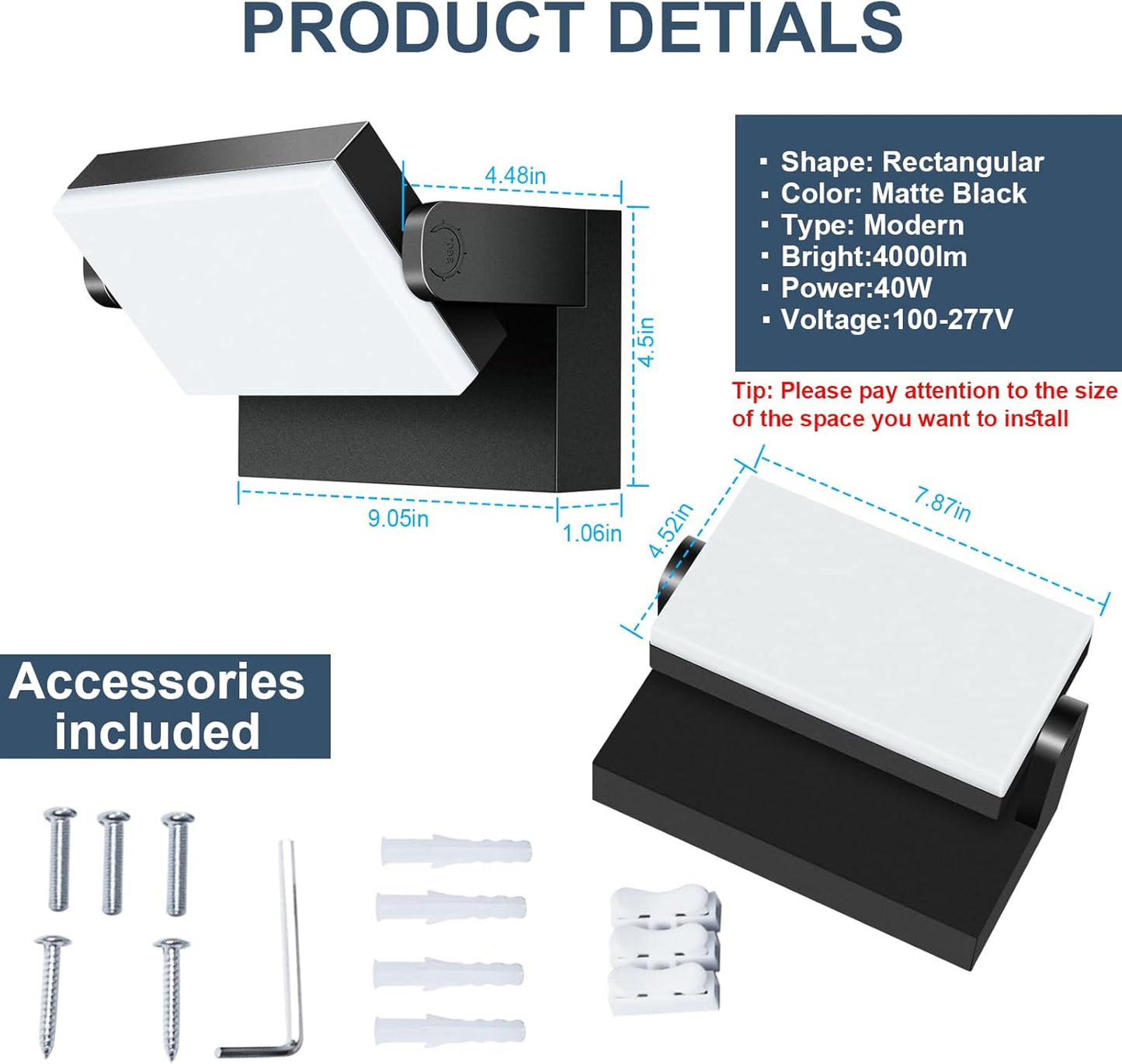 40W Outdoor Flood Light, 5000K 360° Rotating LED Wall Light, IP66 Waterproof Square Exterior Wall Pack Wall Mount Fixture Commercial Security Lighting for Garage House (8 Pack)