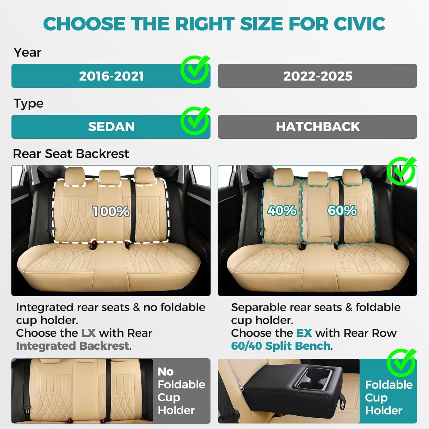 Seat Covers for Honda Civic Sedan EX-L, EX-T, EX, Touring, LX-P, Sport 2016 2017 2018 2019 2020 2021, Faux Leather Car Seats Cover Full Set(Rear Row 40/60 Split & Folding Backrest)-Beige