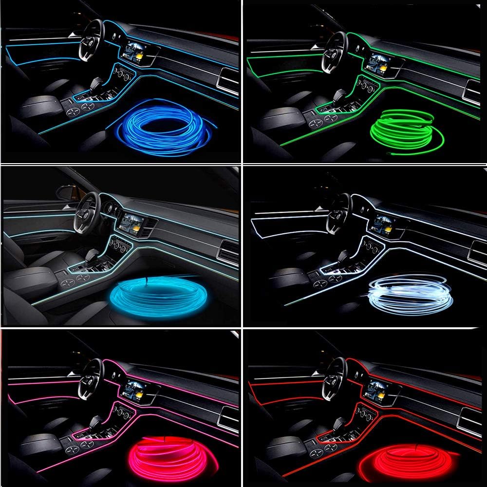 El Wire Pink Interior Car LED Strip Lights, 5M Neon Wire USB 5V with Fuse Protection for Automotive Interior Decoration, with 6mm Sewing Edge