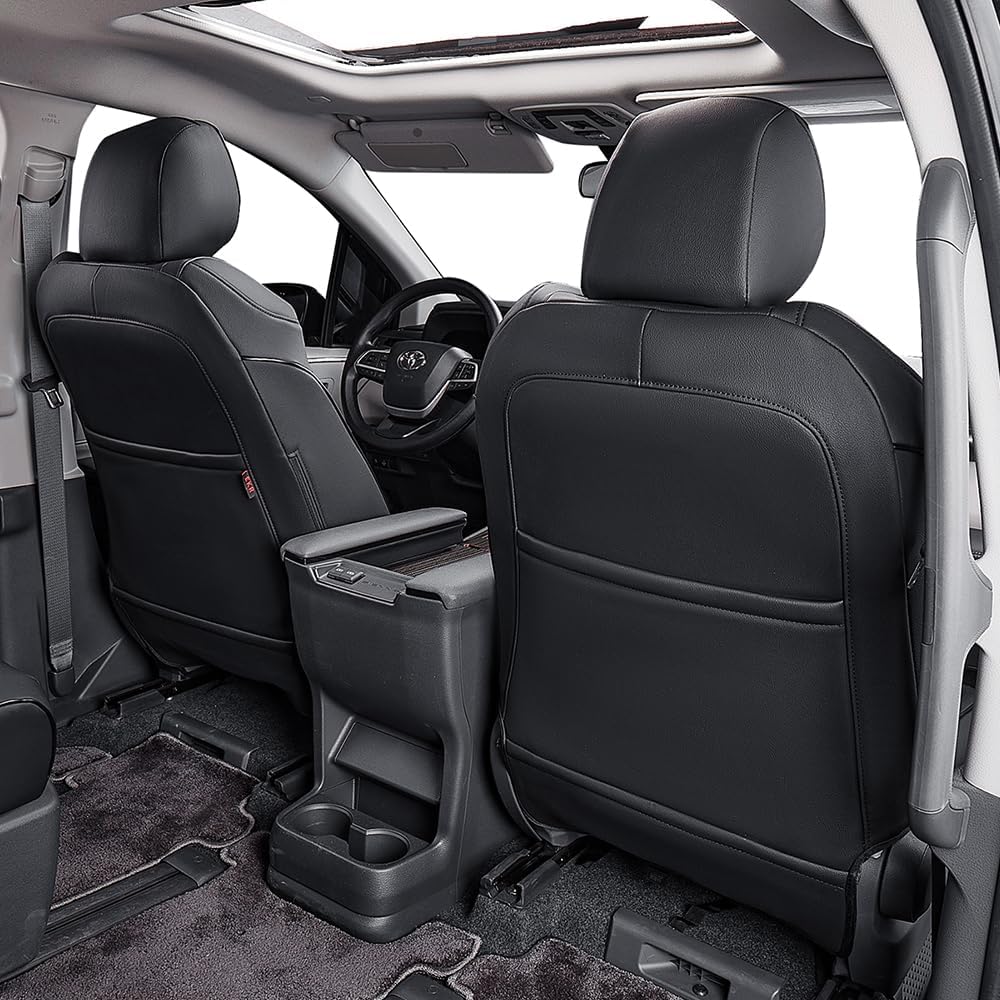 EKR Sienna Seat Covers for 2011-2020 Toyota Sienna L,LE,XLE,Limited,7 Seats,2nd Row Captain Seats W/NO Legrest,Waterproof Car Seat Cover Full Set,Car Seat Protectors- Three Row,Leather(Black)