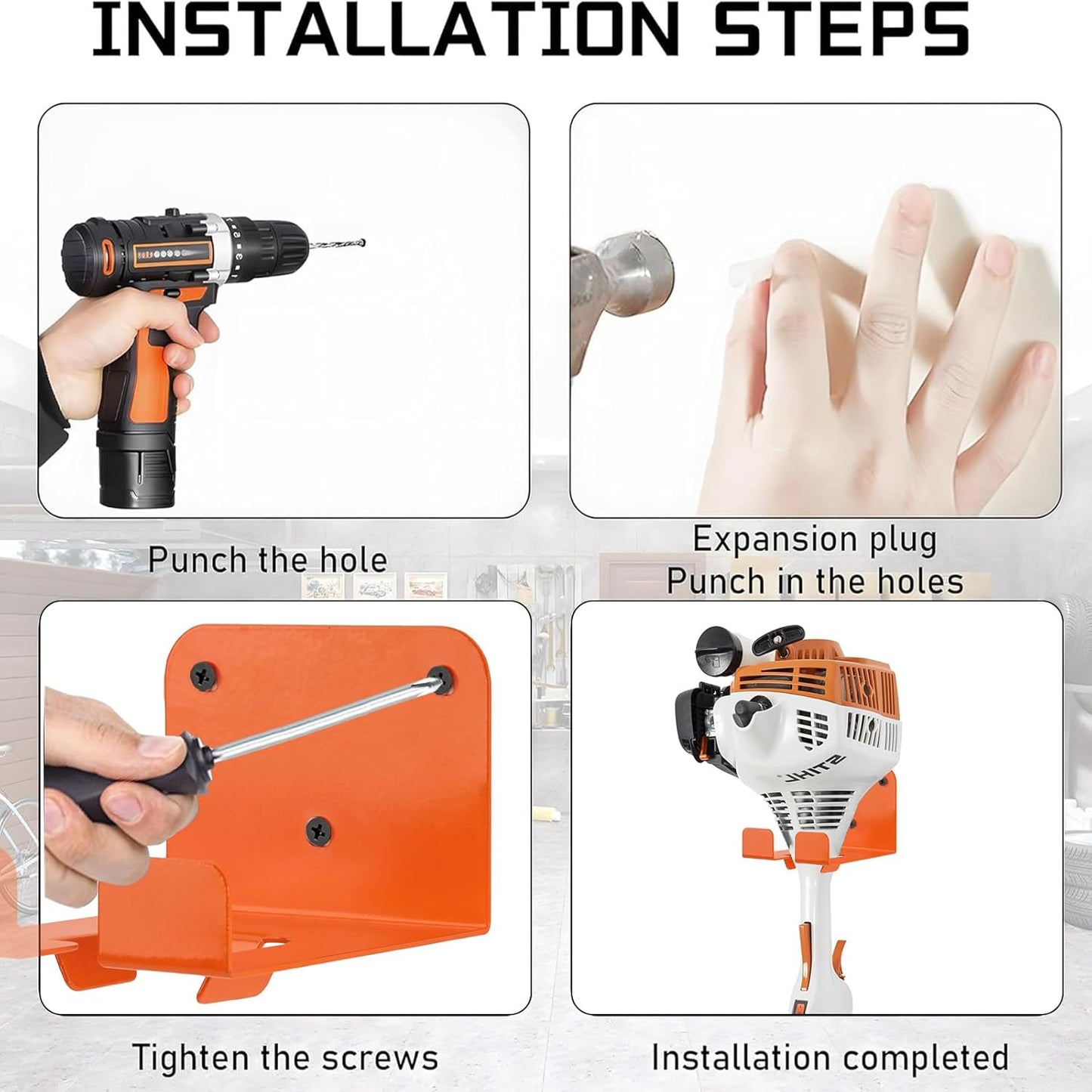 Weedeater Hanger, 2 Pack Weed Eater Hanger for Garage Wall-mounted Organizer Trimmer Rack Storage for Grass Trimmer, Hedge Trimmer, Garage Wall, Garden Tools, Black, Orange