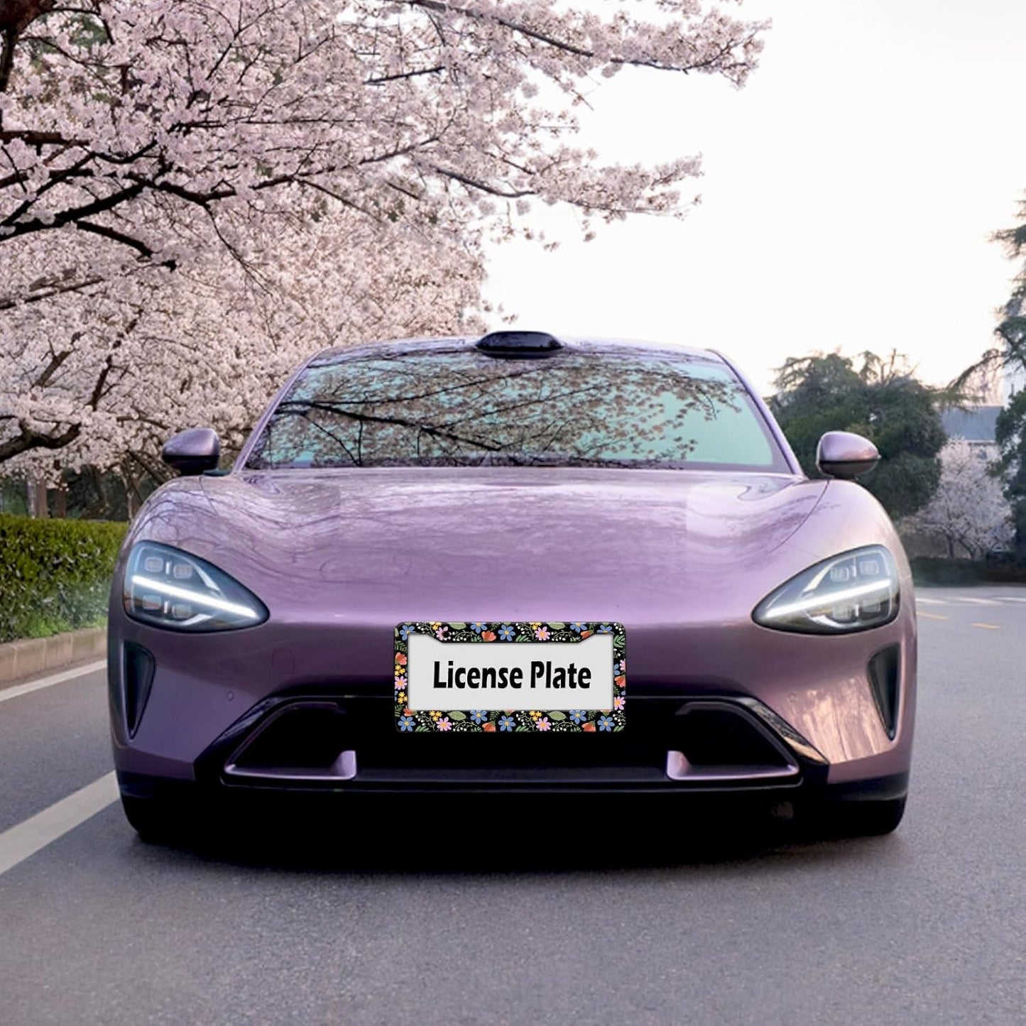 Florals License Plate Frame for Women, Blue Flowers License Tag Frames Holder Covers, Metal Aluminum Rustproof Car Accessories for Us Canada Standard, Girly Car Decorative with 2 Holes and Screw Caps