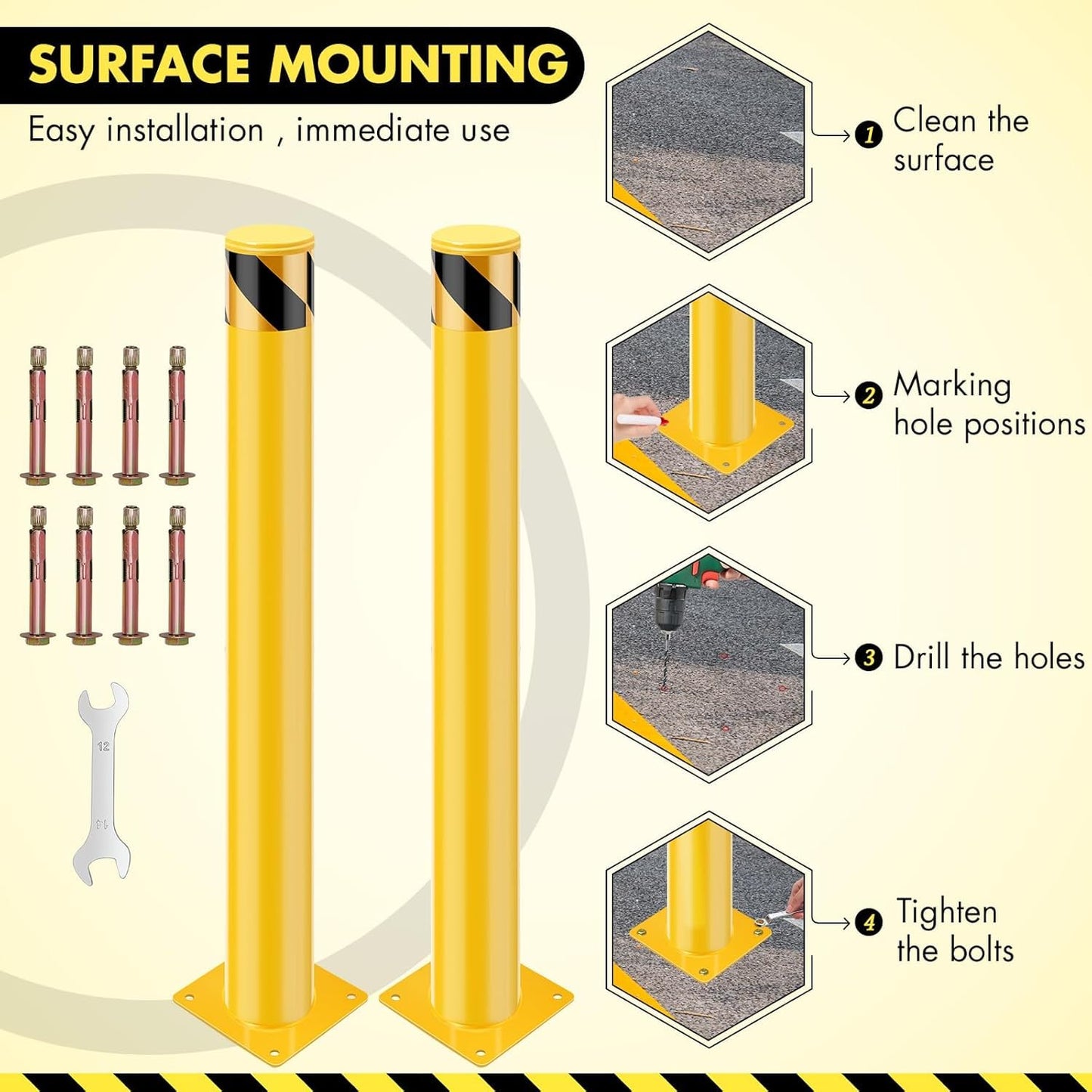 6 Pack Safety Bollard Post, 42 Inch Height 4.5 Inch Diameter Yellow Pipe Safety Steel Bollards with Anchor Bolts and Wrench, Steel Bollards for Road Warning Construction Public Place Traffic Control