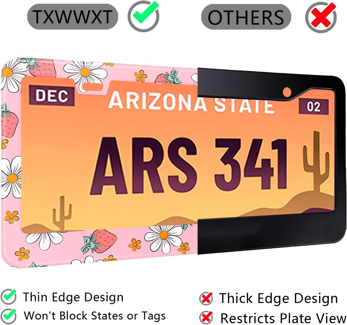Pink Strawberry Floral License Plate Frame Stainless Steel License Plate Frames Holder Covers Rust-Proof Auto Parts Decoration with Screws License Plate Holder for Car Accessories 12x6 Inch