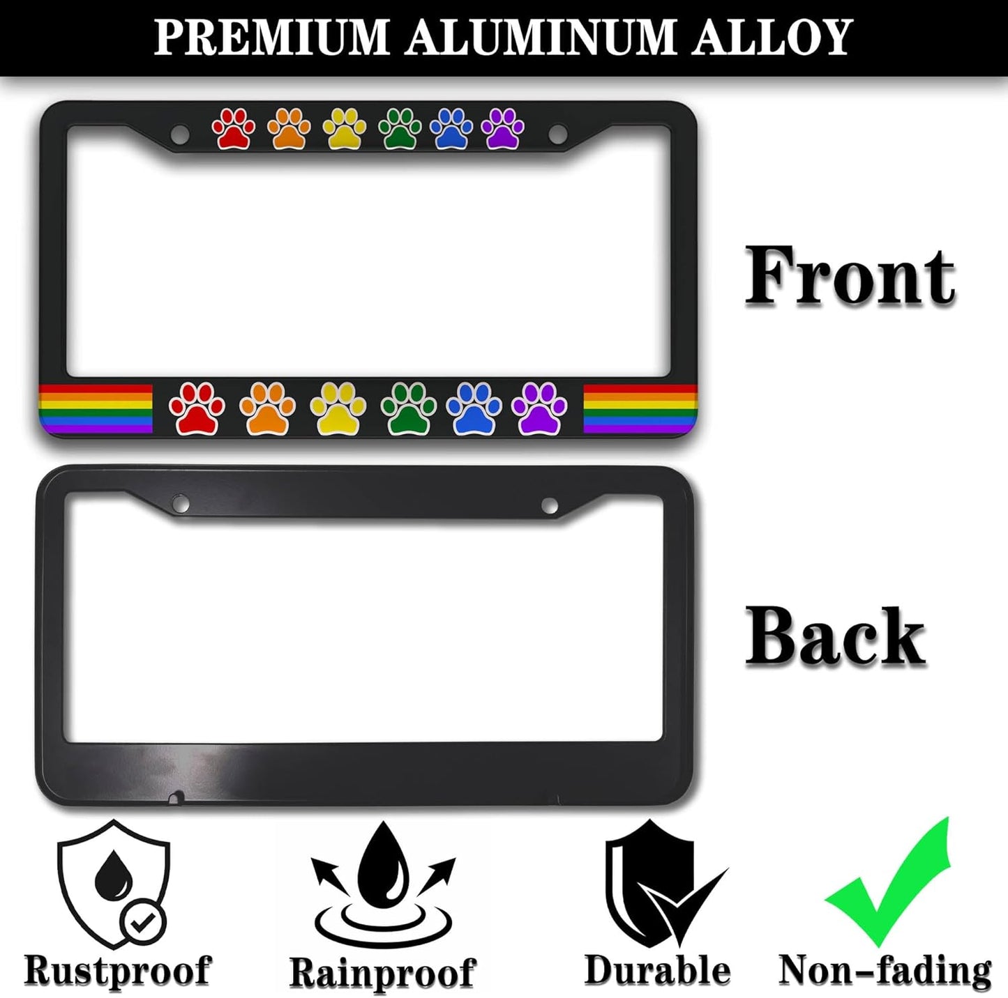 License Plate Frames for Women Multicolor License Plate Holder for Men Gay Rainbow Paw Universal Aluminum Car Accessory 2 Pack with Screw Covers Set