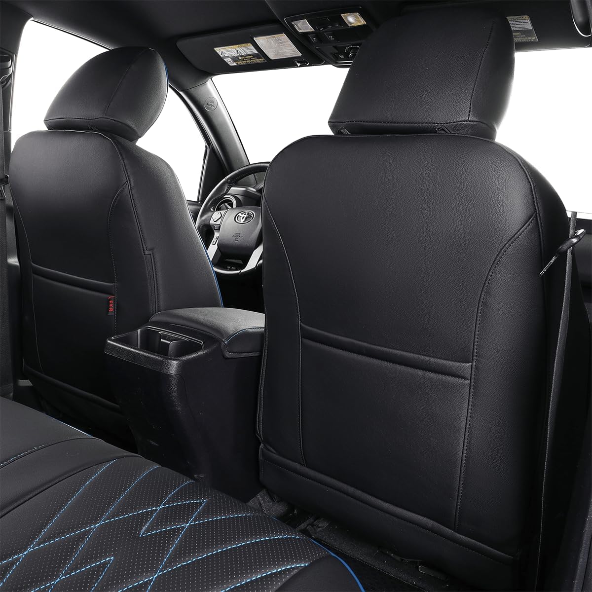 EKR Tacoma Back Seat Covers Custom for Select Toyota Tacoma (Hybrid) 2024 2025 Double cab TRD Sport,TRD Off-Road,Limited,Trailhunter- Second Row Only,Leather (Black with Blue Trim)