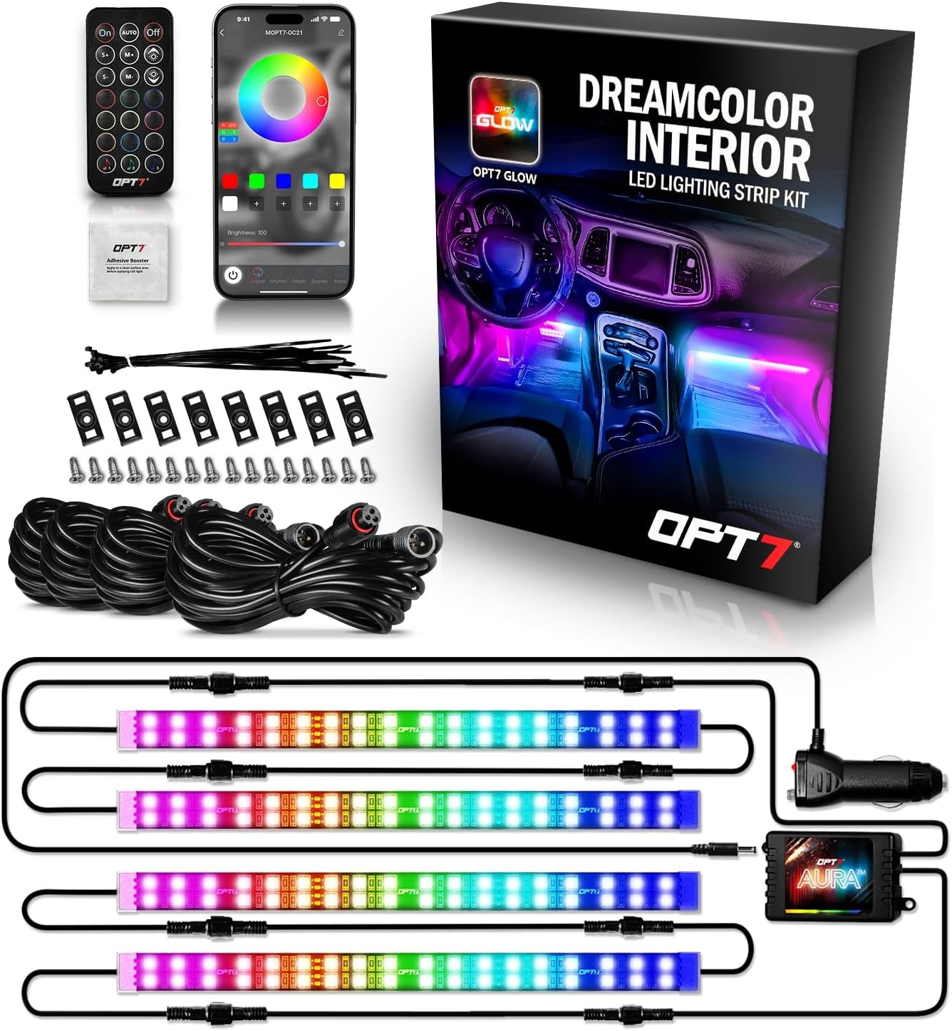 OPT7 Aura DreamColor Interior Light Strips, 4PC Double RGB-IC LED Color Chasing Kit w/APP & Remote Control, Underdash Ambient Lighting Universal for Vehicles Cars Trucks SUVs
