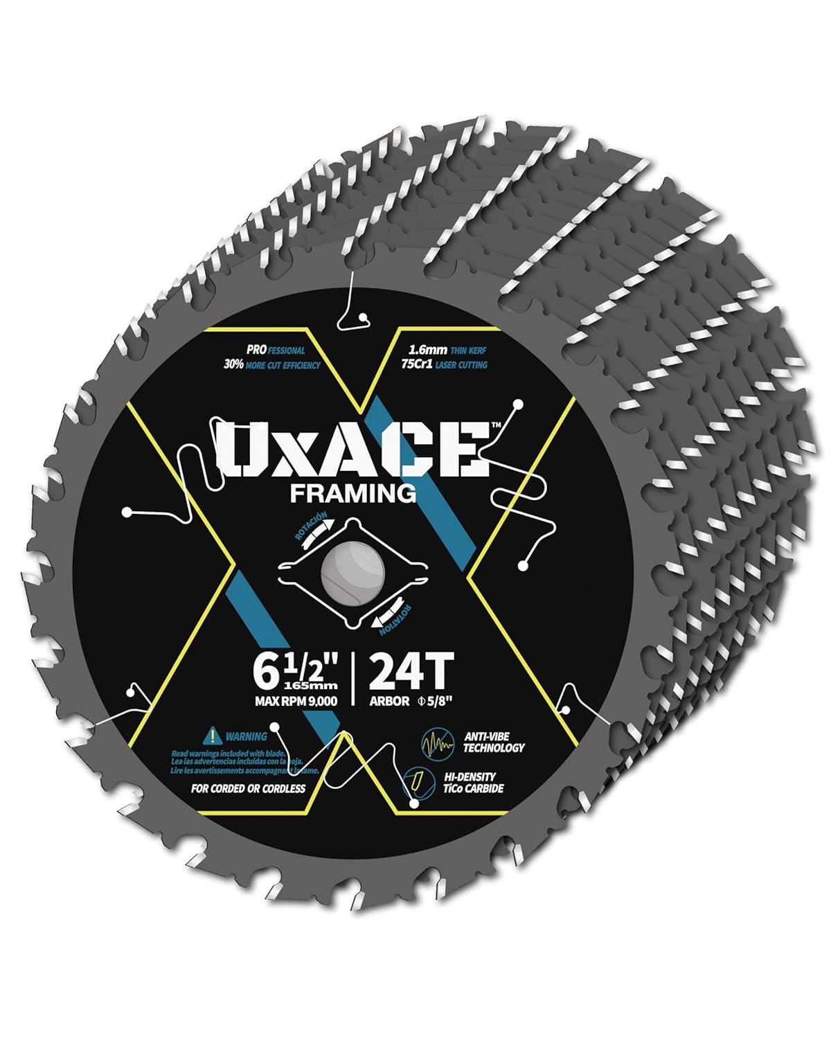 6-1/2-Inch 24-Tooth Circular Saw Blade with 5/8-Inch Arbor, Framing Wood Cutting, Carbide Tip, Thin Kerf, for Plywood, MDF, OSB, Laminated, 10 Pack