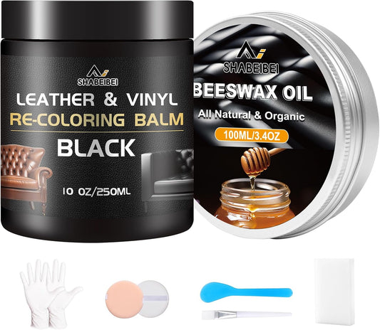 Leather Repair Kit Recoloring Balm Cleaner Conditioner Waterproof Beeswax Oil for Car Seat Furniture Couch Shoe Leather Vinyl(Black)