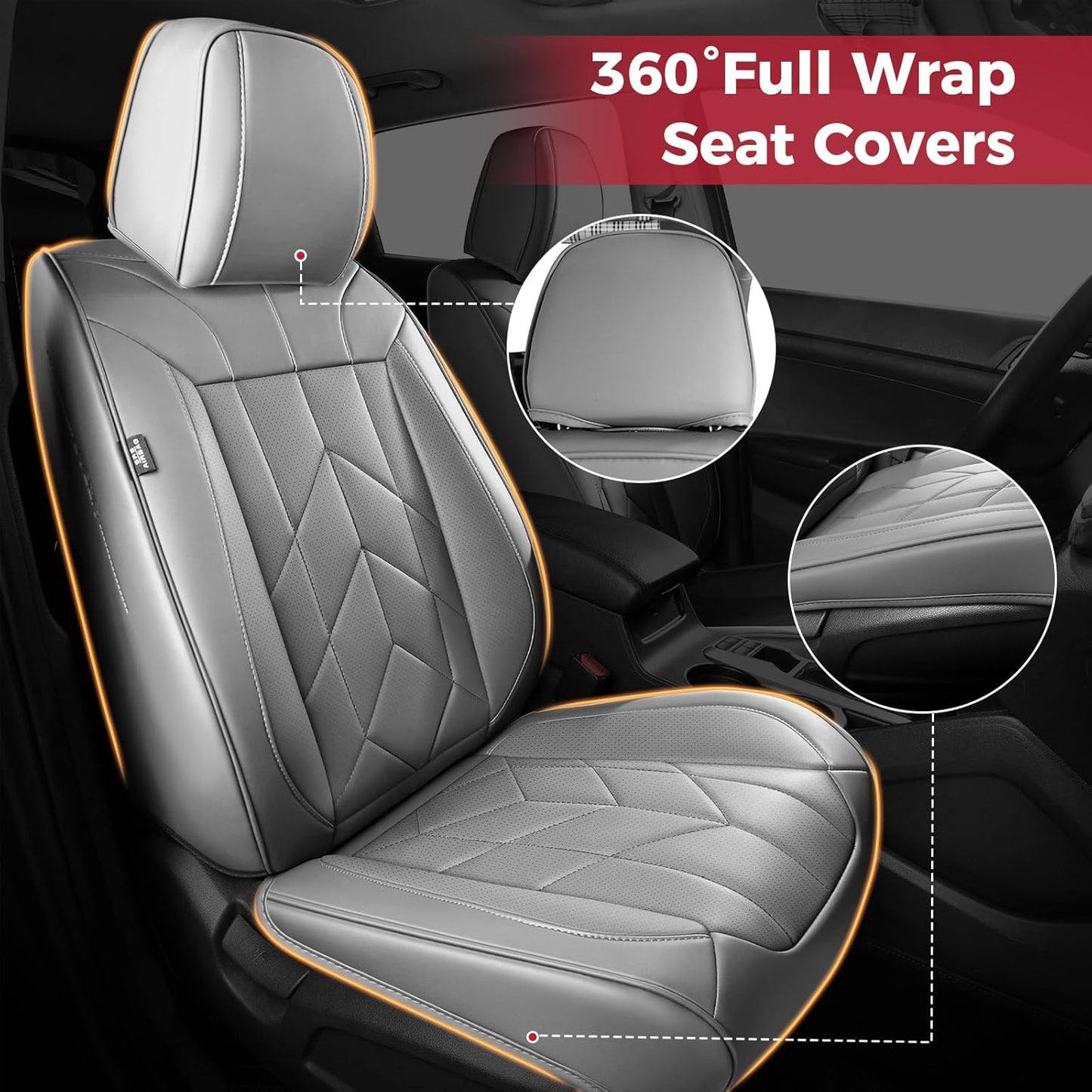 Grey Car Seat Covers Full Set - Waterproof Leather Car Seat Protector Universal Fit Forester Legacy Impreza Tucson Elantra Santa Fe Kona