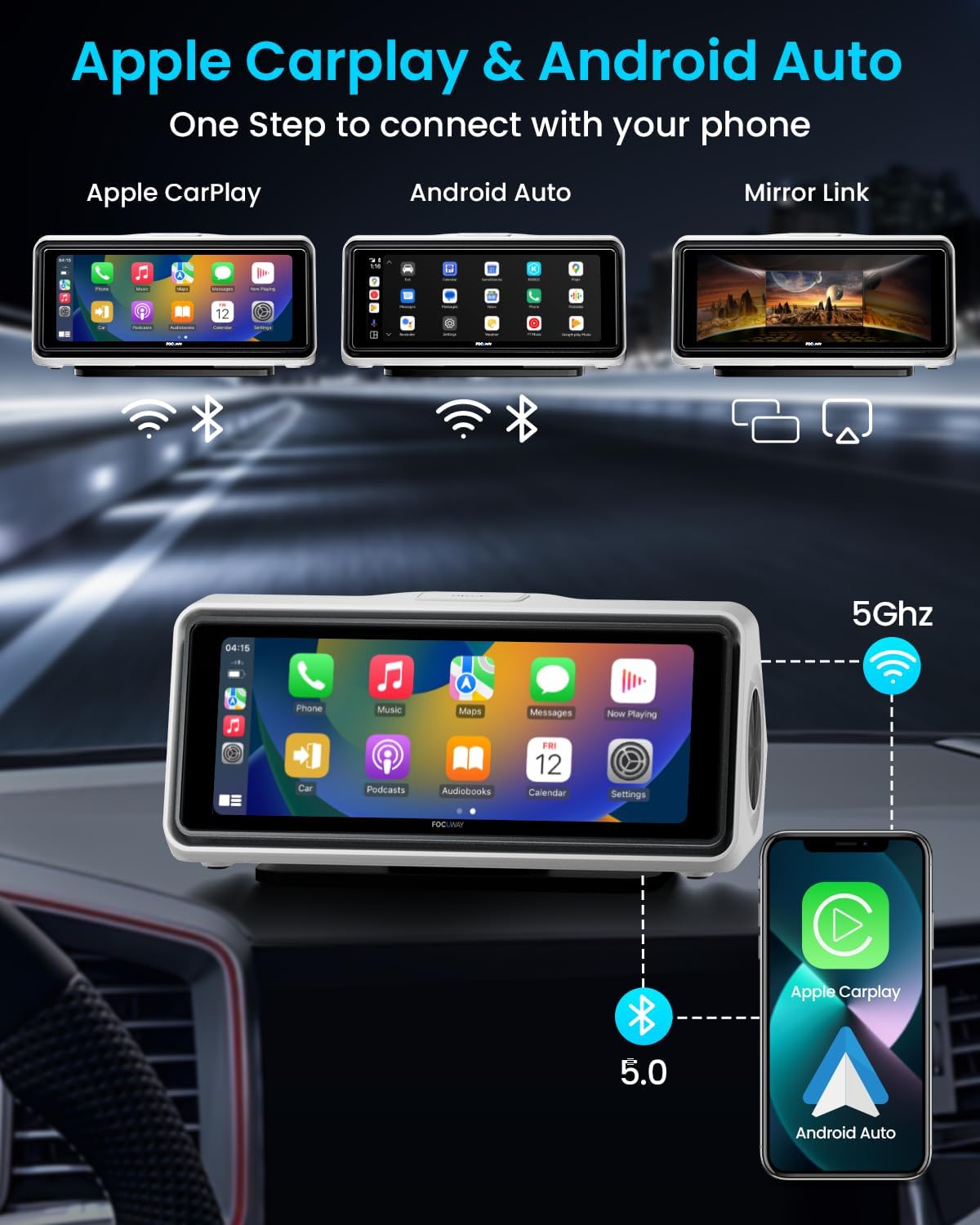 Portable Apple Carplay Screen for Car, Touch Screen with Wireless Android Auto, Car Audio Receivers with Voice Control, Mirror Link, Music Play, GPS Navigation, Built-in Customized Speakers (White)