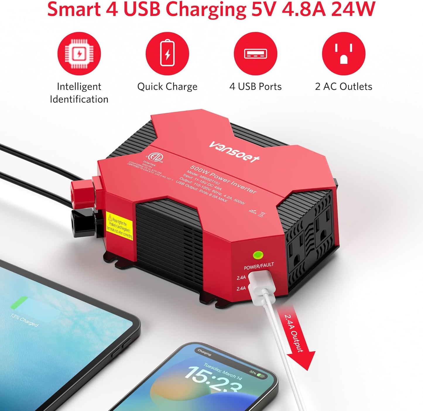 500 Watt Car Power Inverter DC 12V to AC 110V Car Plug Inverter Adapter Power Converter with 4 USB Charging Ports and 2 AC Outlets Car Charger