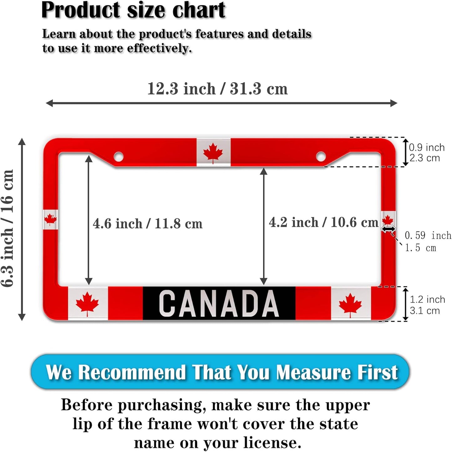 License Plate Covers Red, Black, White License Plate Frames Canada Flag Universal Aluminum Car Accessory 2 Pack with Screw Covers Set