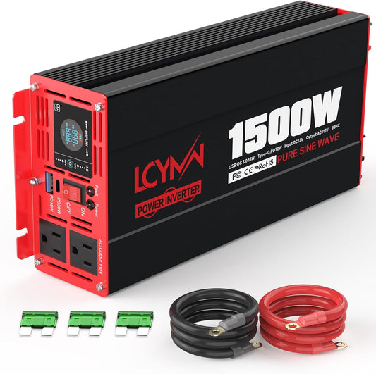 1500 Watt Pure Sine Wave Power Inverter DC 12V to AC 110/120V with Dual Outlets USB-C 30W USB-QC 18W Fast Car Charger Adapter LCD Display and Remote Control Converter for Off-Grid Home RV Solar System