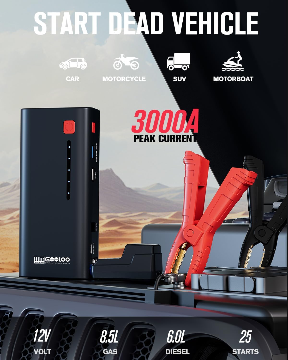 GOOLOO Jump Starter 3000A Peak Car Jumper Starter 12V SuperSafe Lithium Jump Box, Battery Booster Pack, Portable Car Battery Charger, and Jumper Cables for Up to 8.5L Gas or 6.0L Diesel Engine