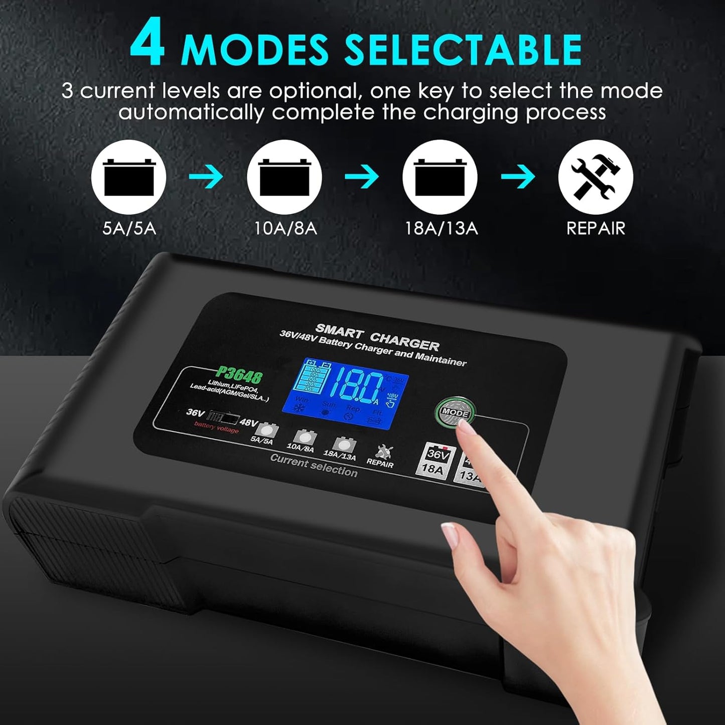 36V/48V Golf Cart Charger, 18Amp Smart Charger, Trickle Battery Charger Maintainer, D-Plug, Lithium, LiFePO4, Lead-Acid AGM/Gel/SLA, EZGO TXT, Car, Boat