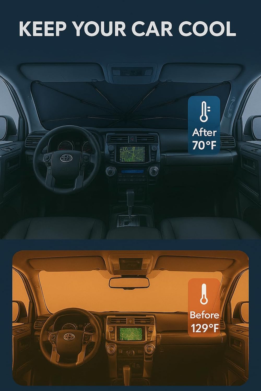 Proadsy Windshield Sun Shade Umbrella for Toyota 4Runner 2010-2024 Foldable Car Umbrella Sunshade with Soft TPU Handle Spring Structure Crystal Cooling Material Protect Car from Rays & Heat