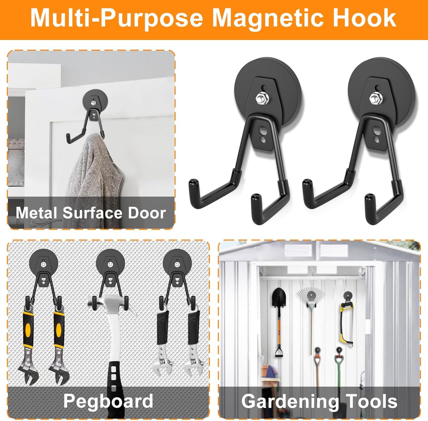 ENUODA Strong Magnetic Hooks Heavy Duty - Neodymium Magnetic Tool Holder Magnet Utility Hooks for Hanging Broom, Power Tool, Toolbox, Shovel, Mop, Toolchest, Container, Van, Cabinet, Pegboard, 4 Pack