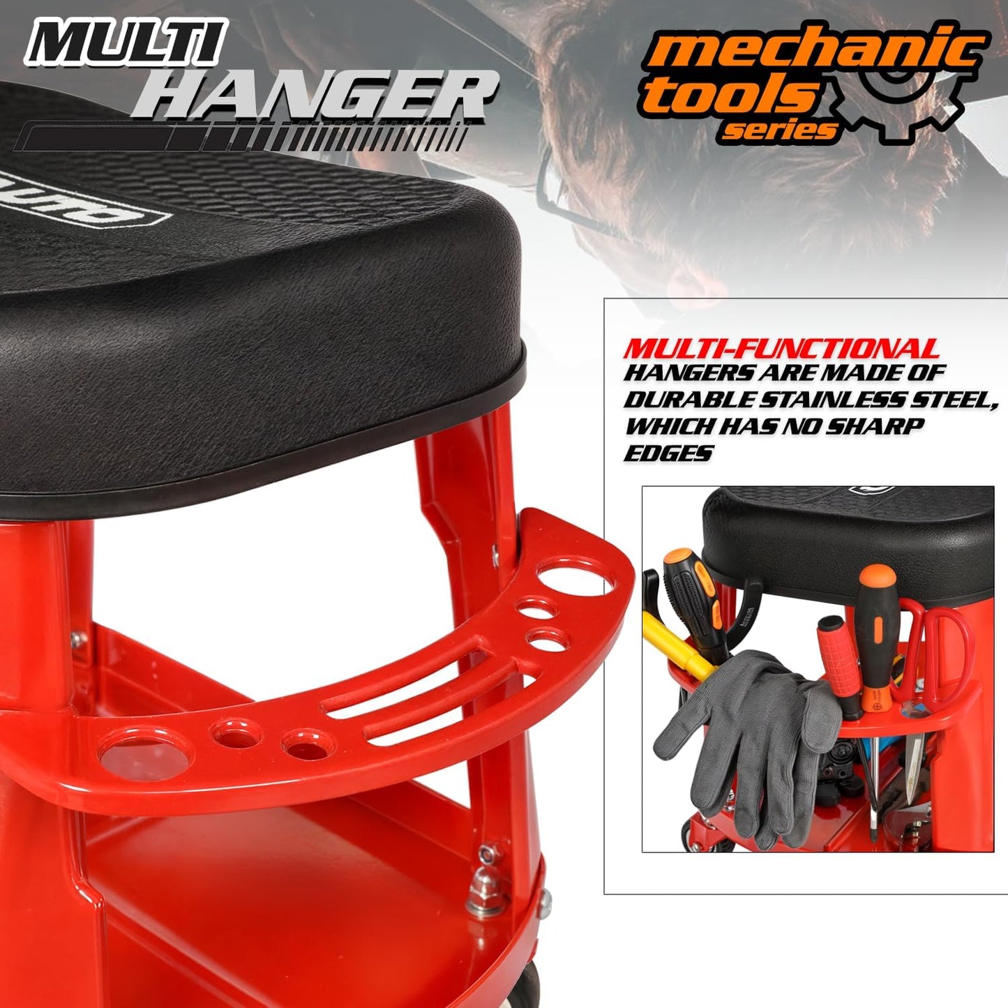 M-AUTO Heavy Duty Garage Rolling Work Seat 300LBS Capacity Mechanics Stool with Wheels, Rolling Work Seat with Equipment Tray and Tool Rack, Rectangle Seat Mechanic Roll Chair, Red