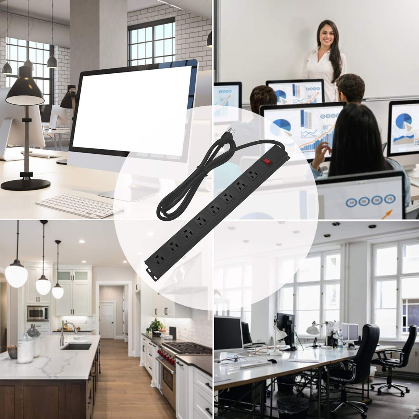 2Pack Metal 8 Outlet Mountable Power Strip, Wall Mount Outlet Heavy Duty, Wide Spaced Commercial Shop Power Strip with Switch, 10 FT SJT 14AWG Power Cord.