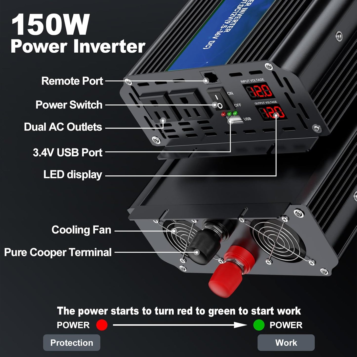 3000W Power Inverter,Peak Power 6000W 12V DC to AC 110V120V,Remote Control with 2AC Outlets and 2.4USB Port,LCD Display for Power Converter,Outdoor Activities,Emergency,Vehicles Truck RV Solar System