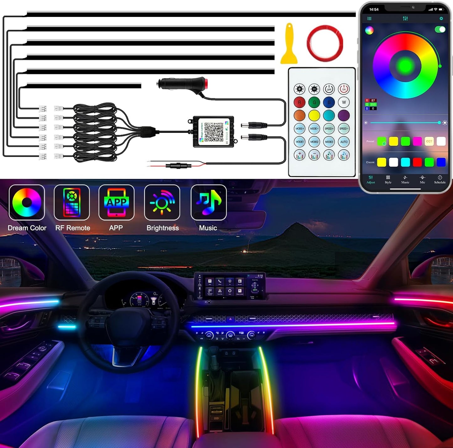 Interior Car LED Strip Lights, Acrylic LED Lights for Car with Dynamic Dreamcolor Chasing, Ambient Lighting Kits Music Sync Wireless APP and RF Remote Control (6 in 1)