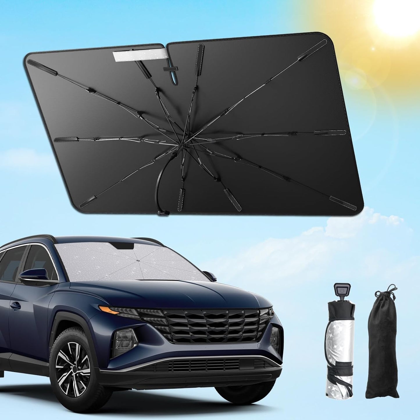 SXCY for 2022-2024 2025 Hyundai Tucson Windshield Umbrella Sunshade [Easier Foldable] for 2024 2025 Hyundai Tucson Accessories 2025 Tucson Sunshade Umbrella 2025 Tucson Windshield Umbrella Sun Shade