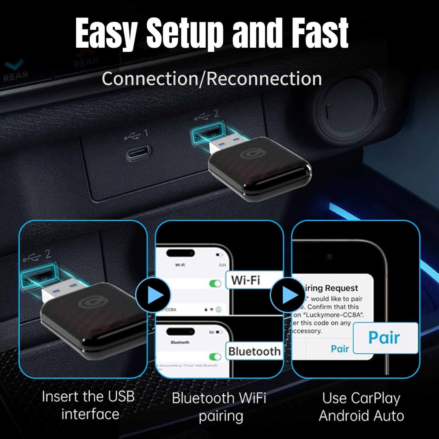 Wireless CarPlay Adapter for iPhone - Converts Factory Wired to Wireless, Plug & Play, Stable Auto-Connect for iOS 10+ & Factory CarPlay Cars (Pro Mini Design)