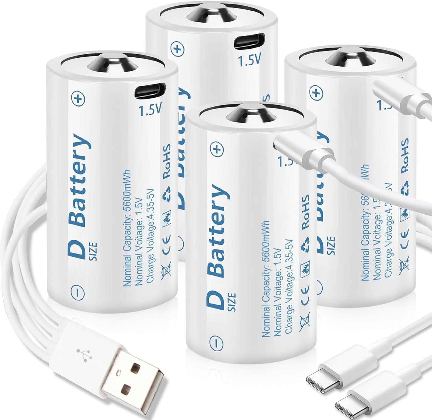 D Cell Batteries 4 Pack,Lithium D Batteries 5600mWh, Rechargeable D Batteries with USB-C 4 in 1 Charging Cable, 1.5V D Cell Battery for Flashlight Toys & floodlight
