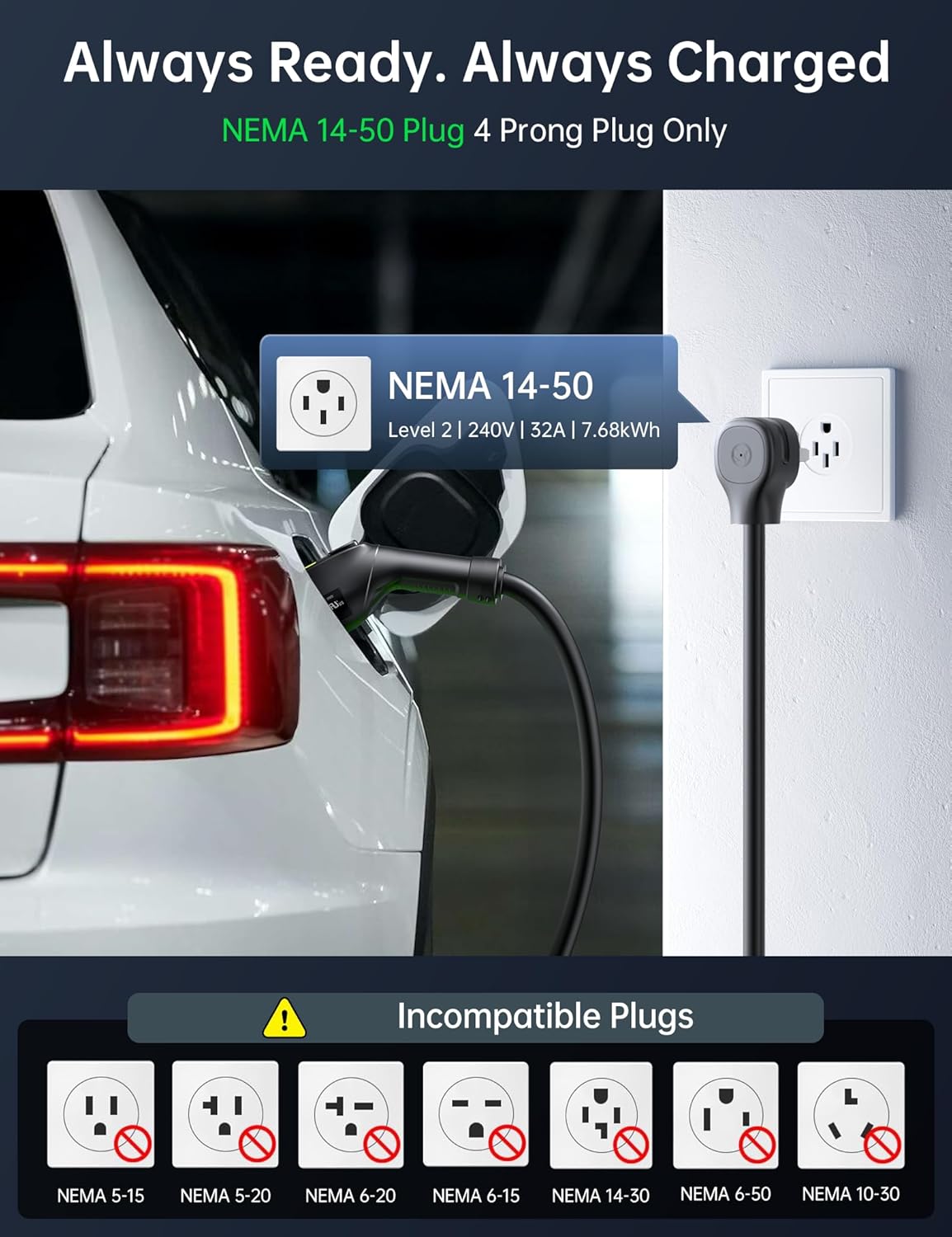 Raylix 32A Level 2 EV Charger, 240V 7.68kW Mobile Electric Car Charger with 21ft Cable [Adjustable Current & Delay Charging] Portable EV Chargers for All SAE J1772, NEMA 14-50 Plug 4 Prong Plug