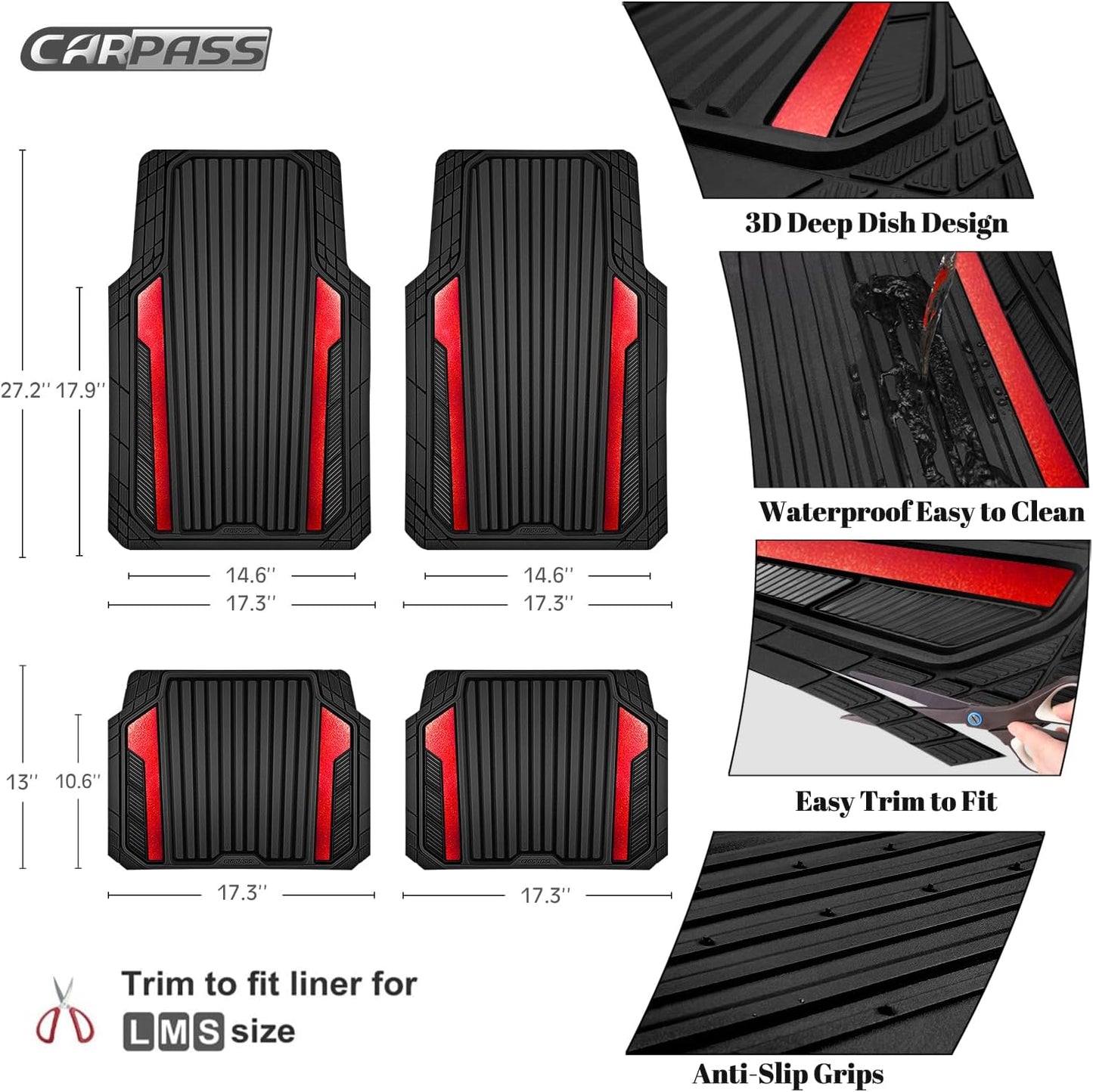 CAR PASS Heavy Duty Rubber Car Mats Metallic, Aluminum Film All Weather Floor Mats Waterproof Universal Trim to Fit Automotive SUV Sedan Van 4 Piece Anodized Deep Dish Two-Tone Sporty Black Red Chrome